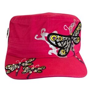 Y2K Pink Rhinestone Butterfly Cadet Cap Distressed